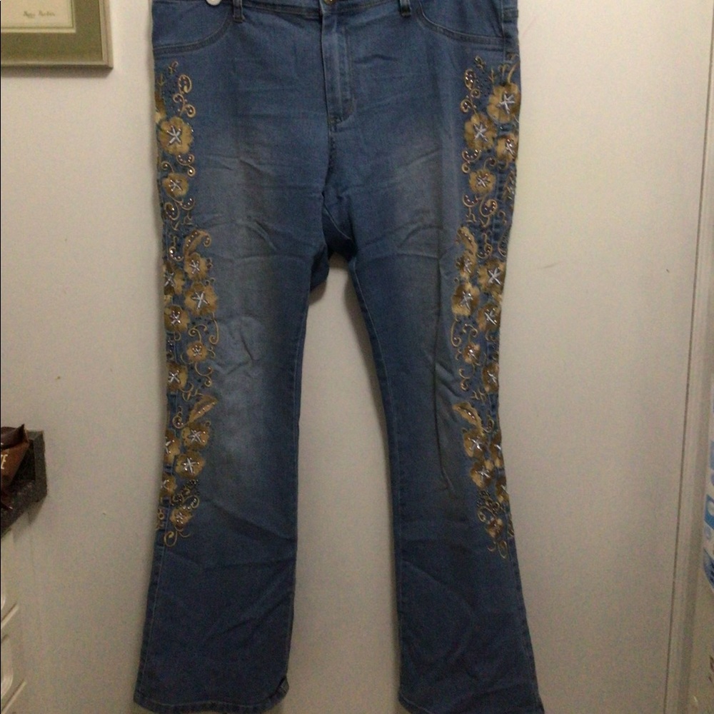 Stunning Golden Embroidered Flower Jeans